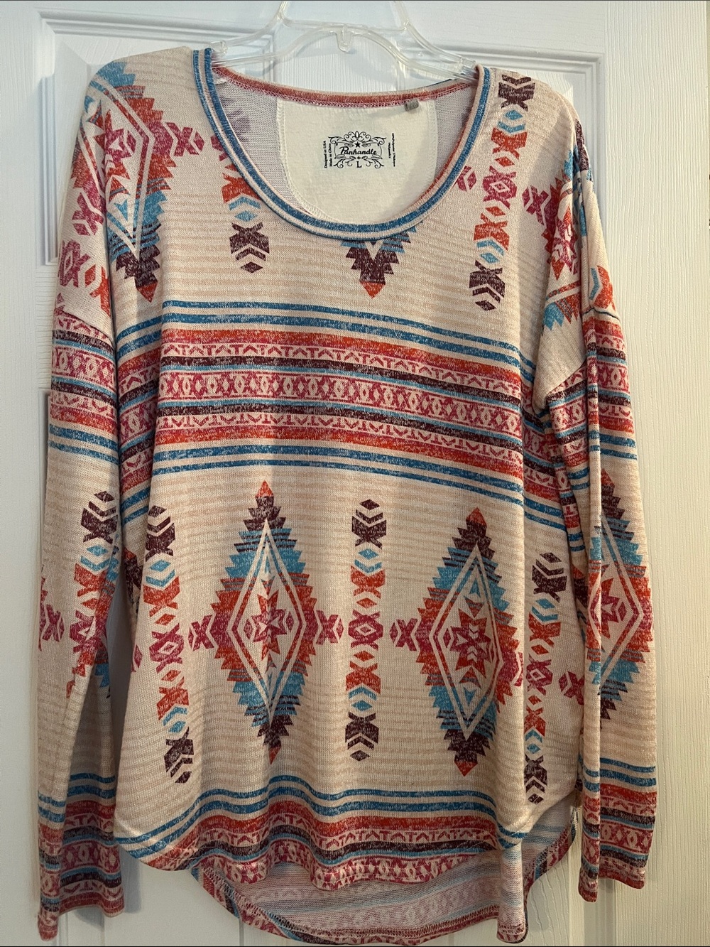 Aztec-Print Long Sleeve Scoop Neck Top - Beige with Rust & Turquoise